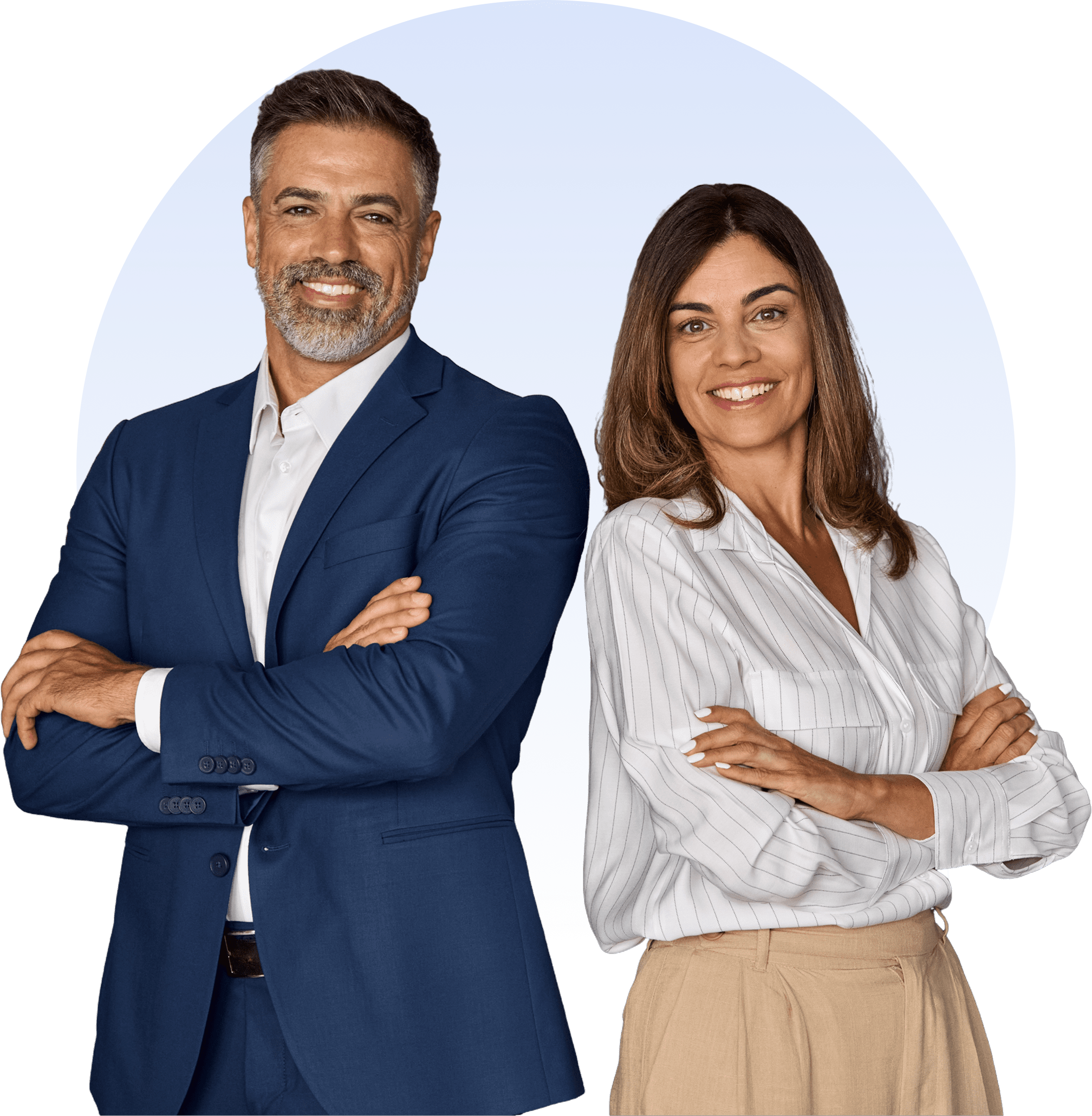Smiling man and woman in professional attire.