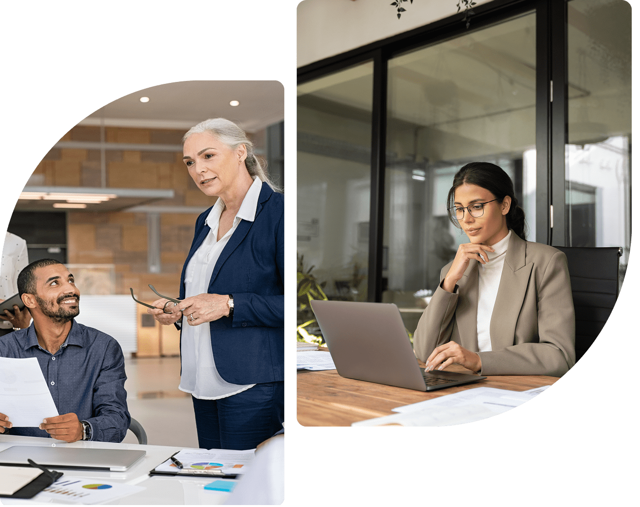 Two professionals discussing and working in office.